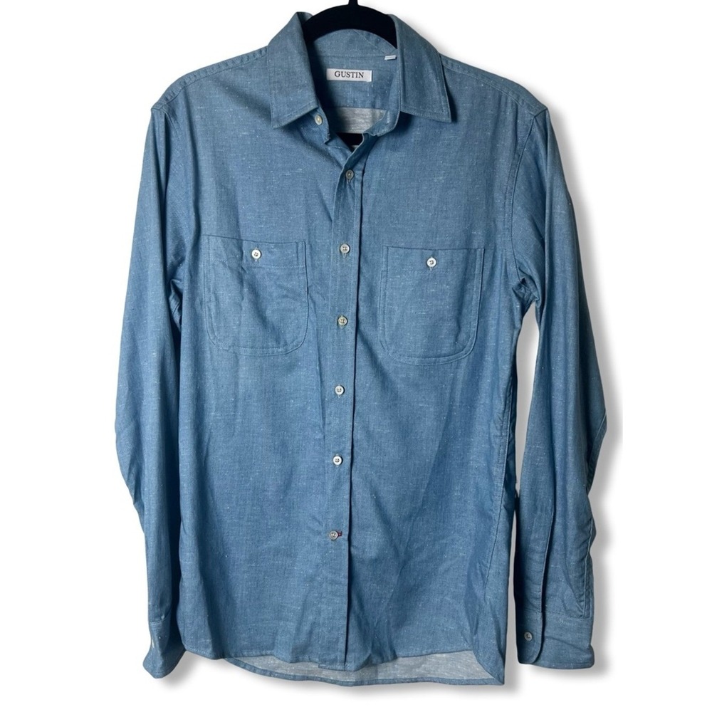 Gustin Men's Chambray Work Shirt Dual Chest Pockets MOP Buttons Made USA Sz XS